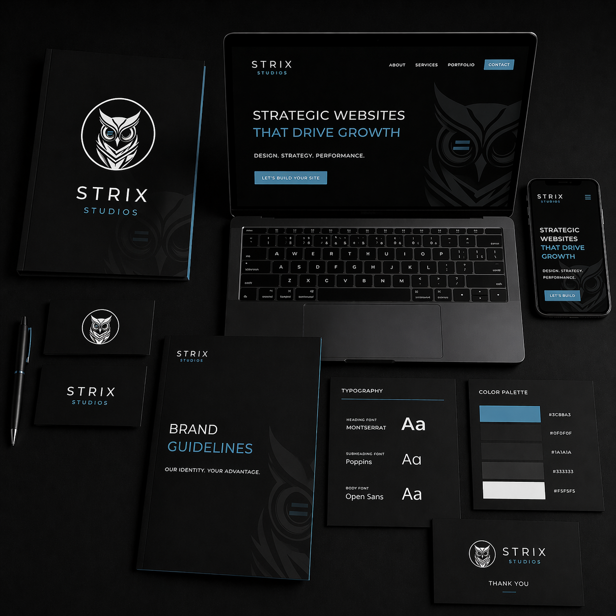 Dark luxury branding mockup with laptop, phone, and stationery on a black background