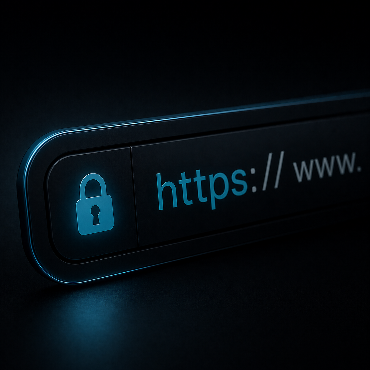 Glowing blue padlock and https://www. in a browser address bar on a dark background