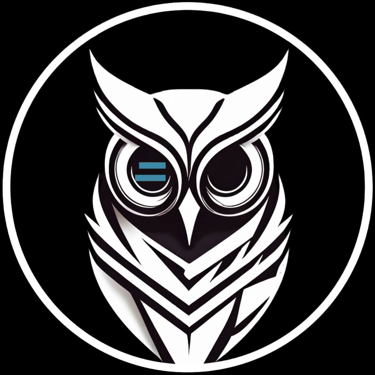 White owl illustration surrounded by a white circle, with turquoise horizontal lines in left eye