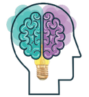 C&eacute;rebro dividido ao meio, em tons de verde e roxo, com uma l&acirc;mpada na base, dentro da silhueta da cabe&ccedil;a de uma pessoa.