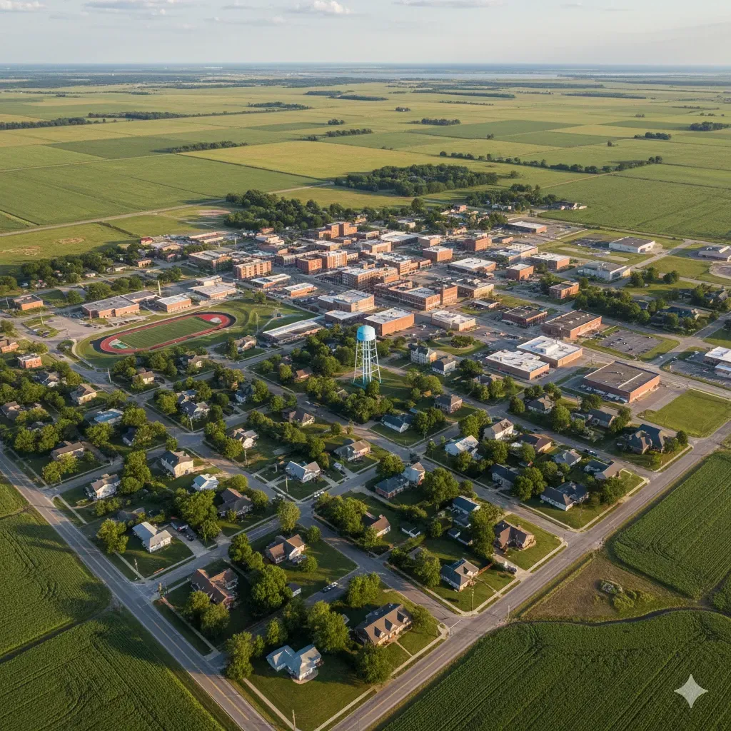 An aerial view of a city with a lake in the background.