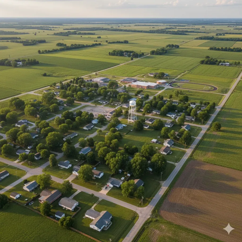An aerial view of a city with a lake in the background.