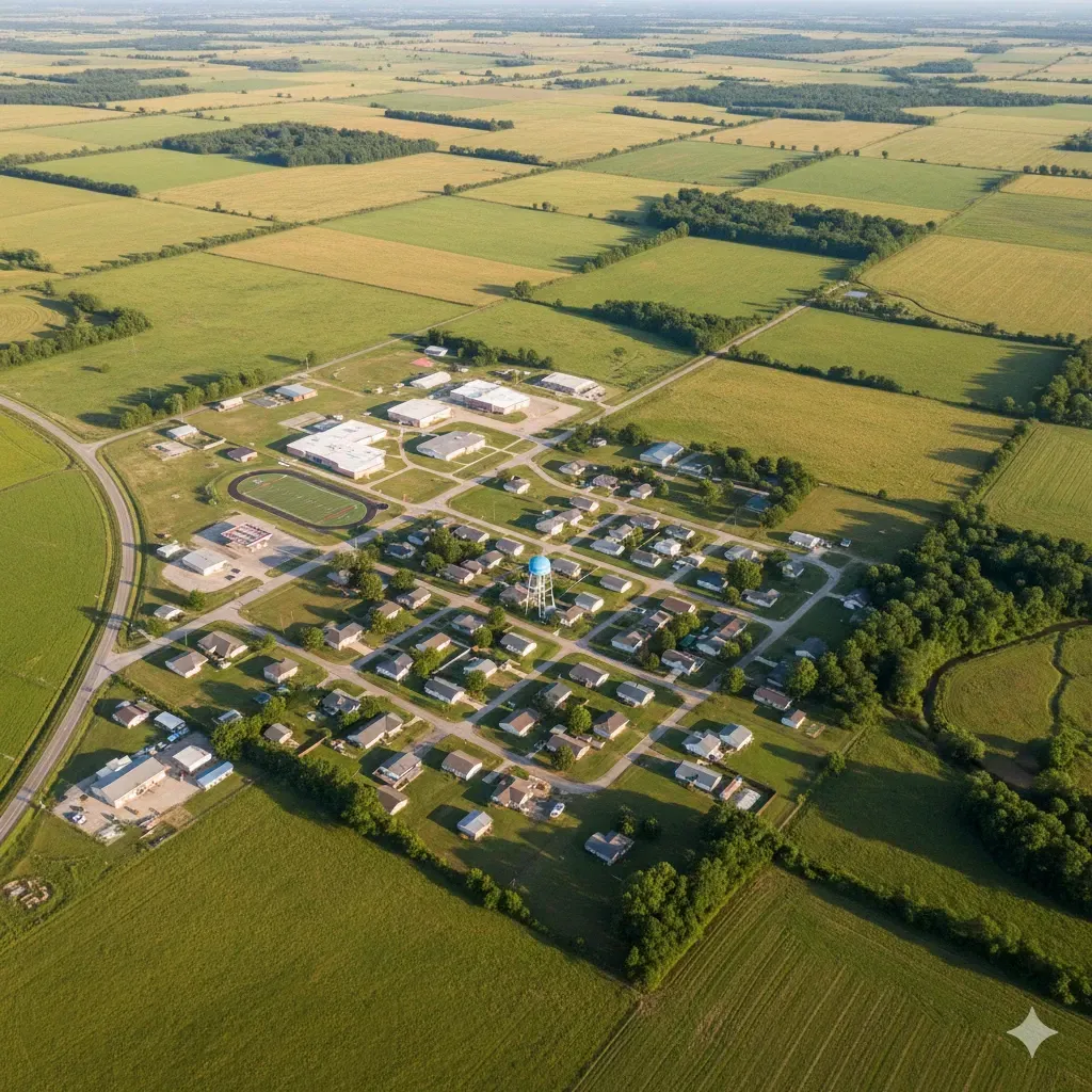 An aerial view of a city with a lake in the background.