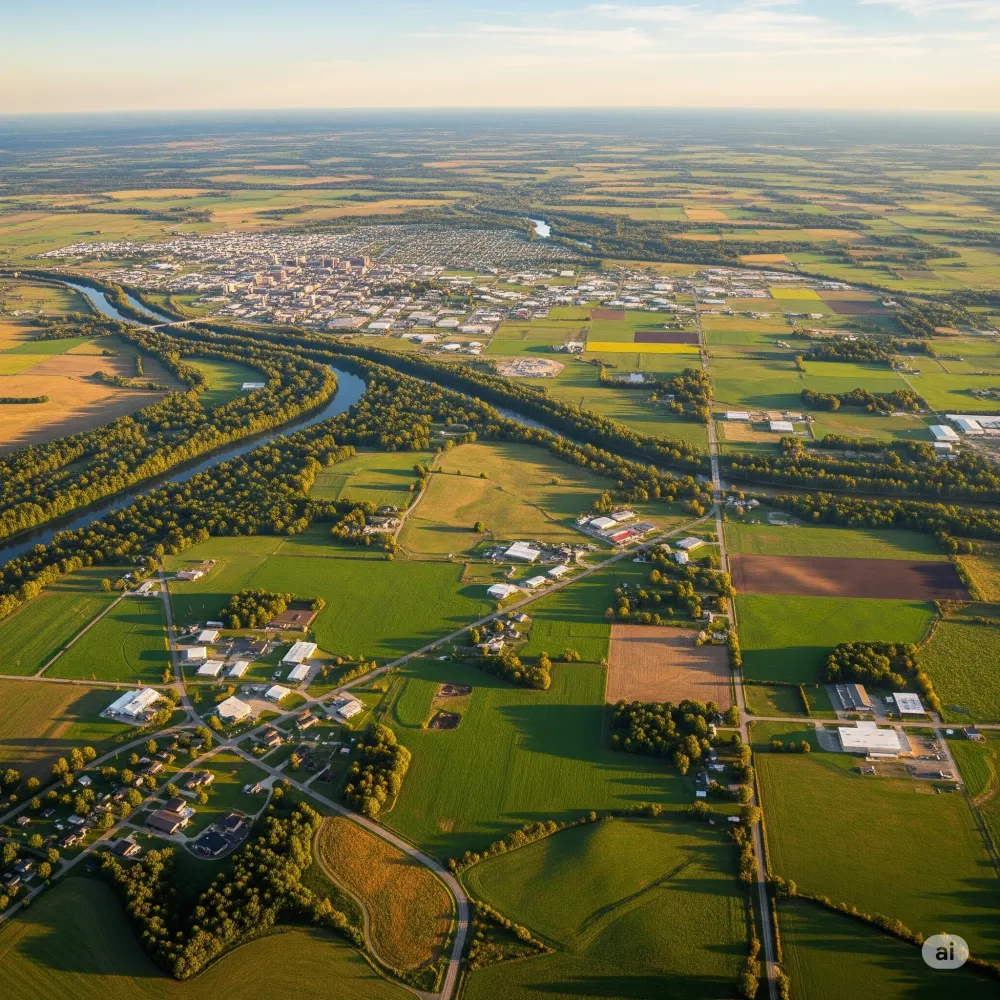 An aerial view of a residential area surrounded by trees and a lake.