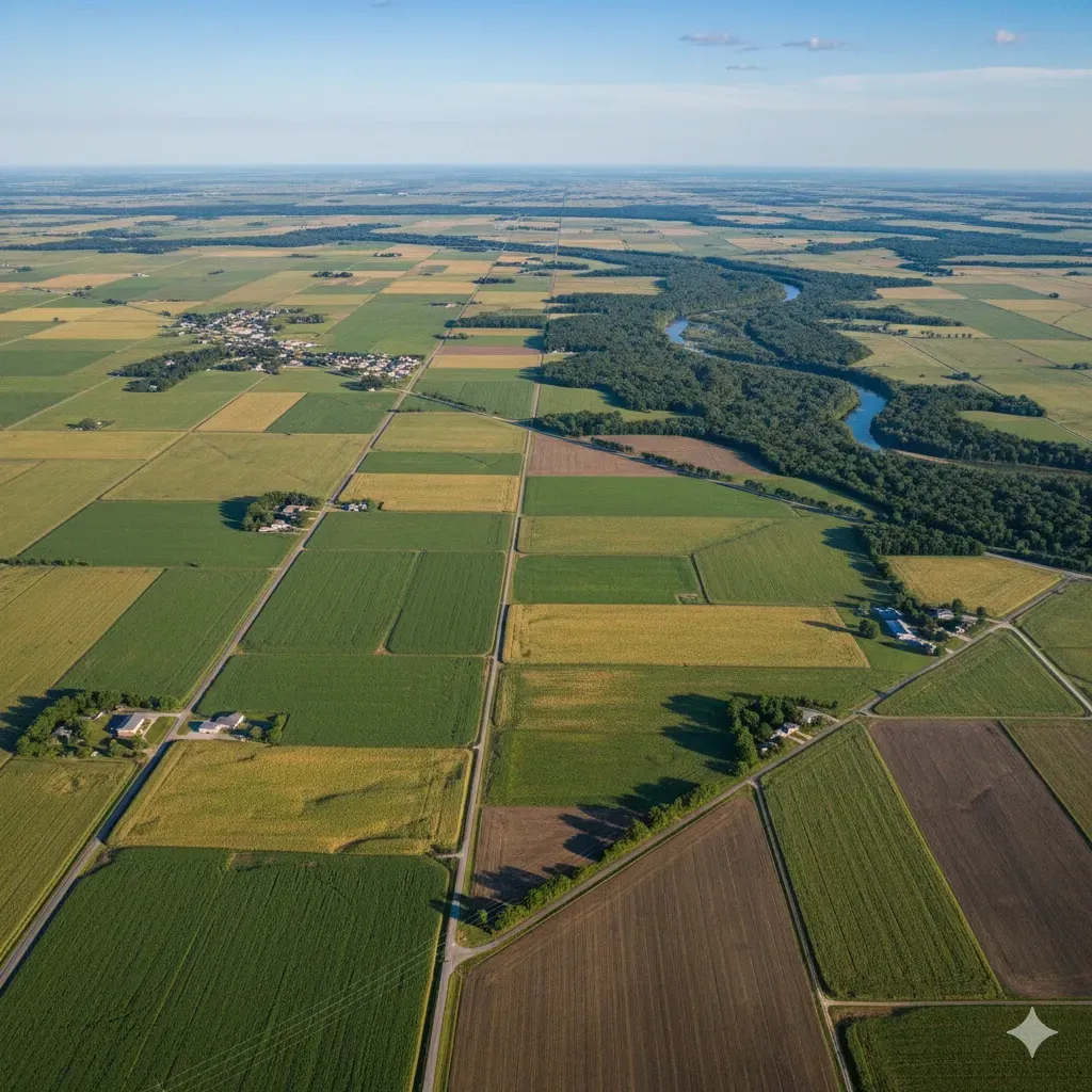 An aerial view of a river surrounded by trees and grass