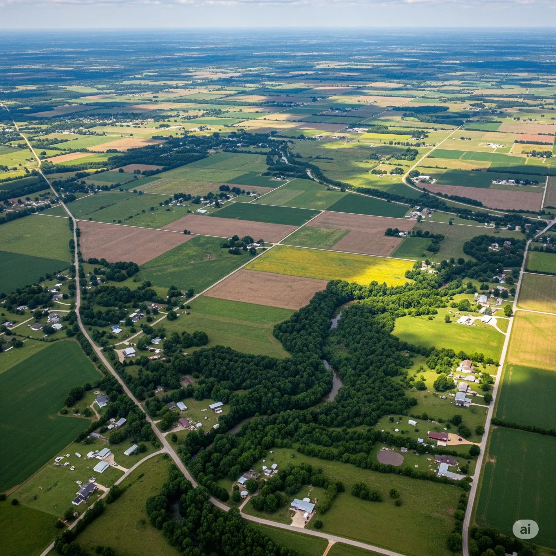 An aerial view of a highway intersection with a city in the background.