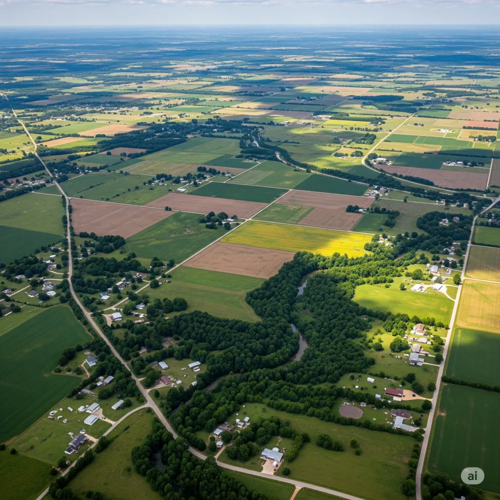 An aerial view of a residential area with a highway and a baseball field.