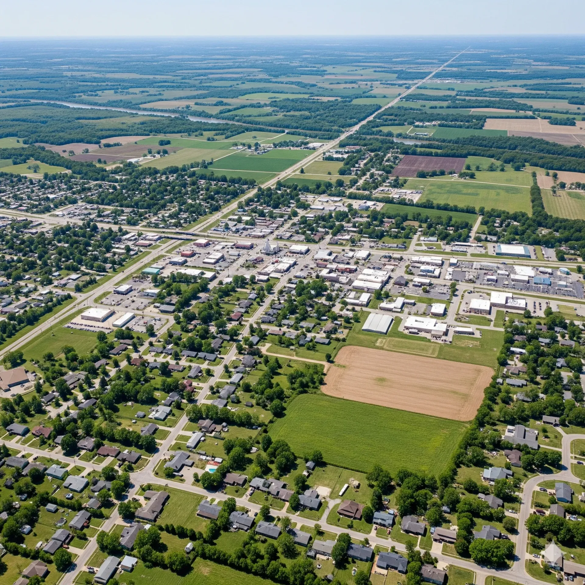 An aerial view of a city with a lake in the background.