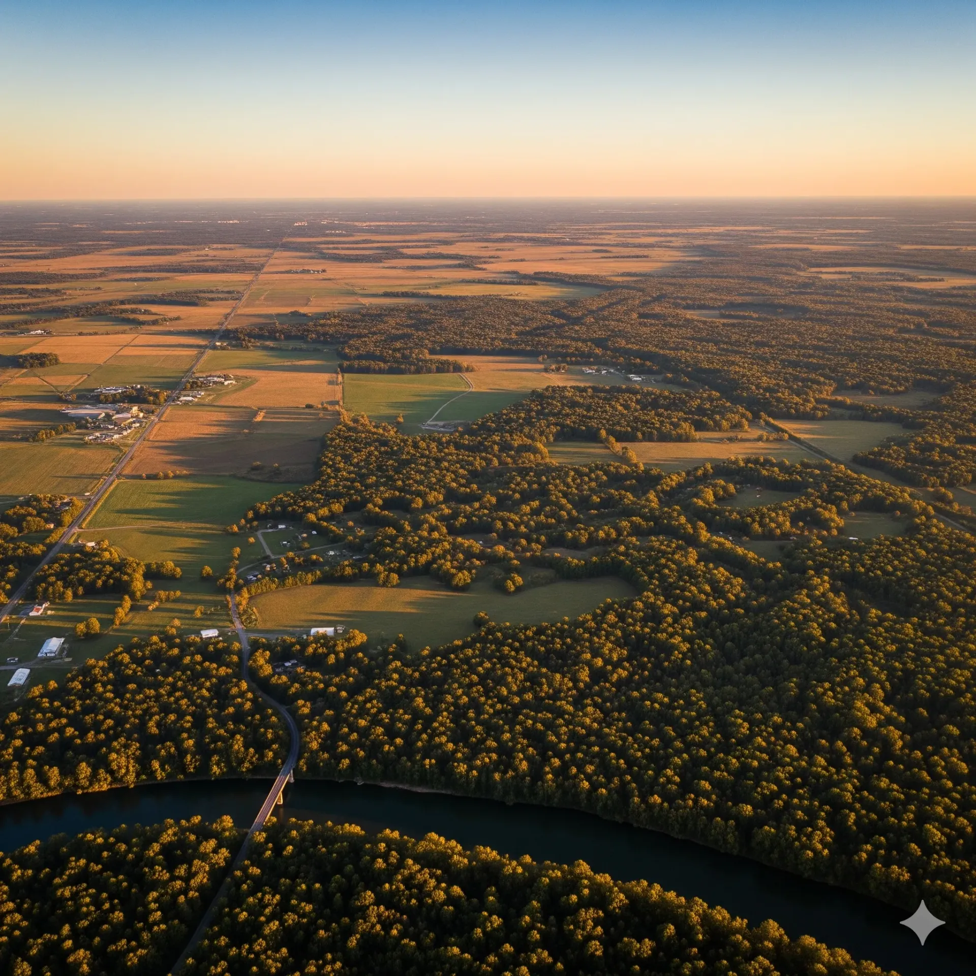 An aerial view of a river surrounded by trees and grass