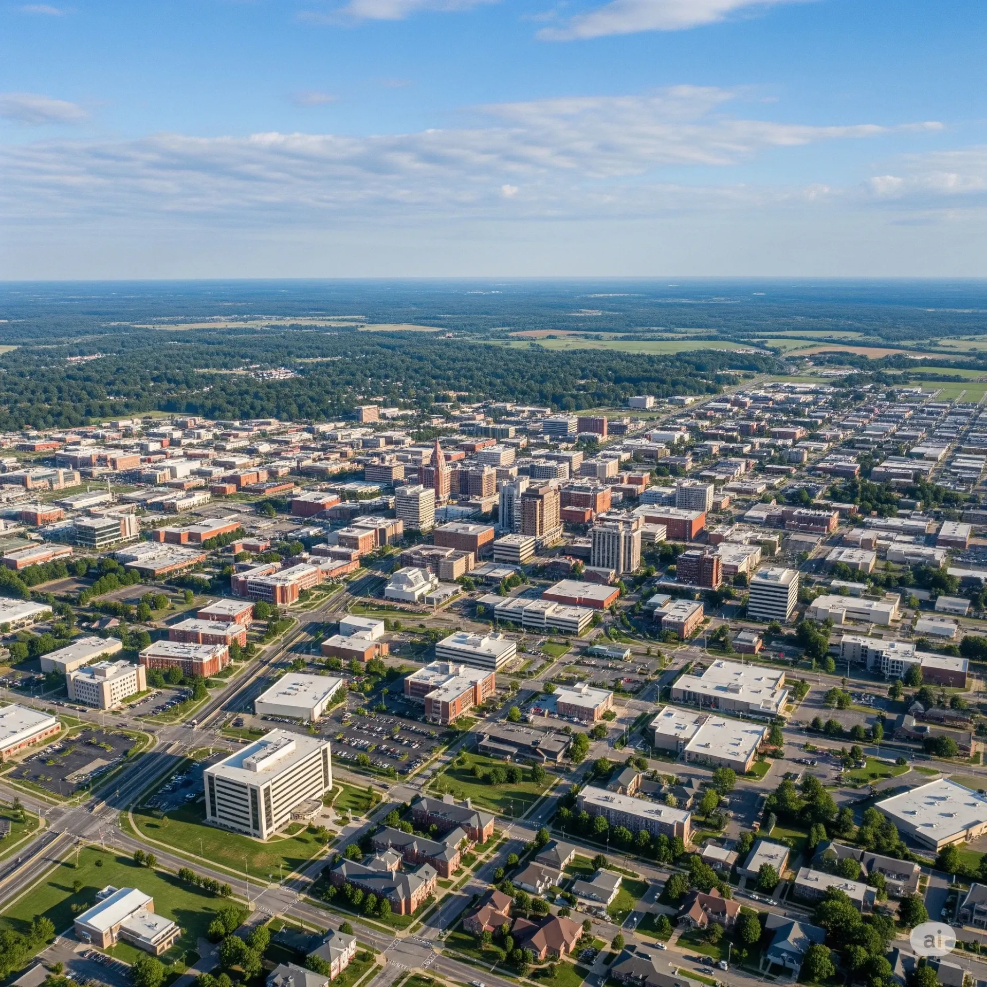 An aerial view of a city with a lake in the background.