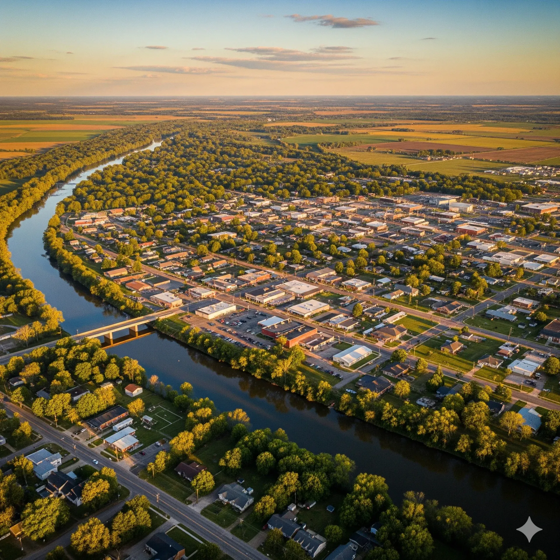 An aerial view of a city with a lake in the background.