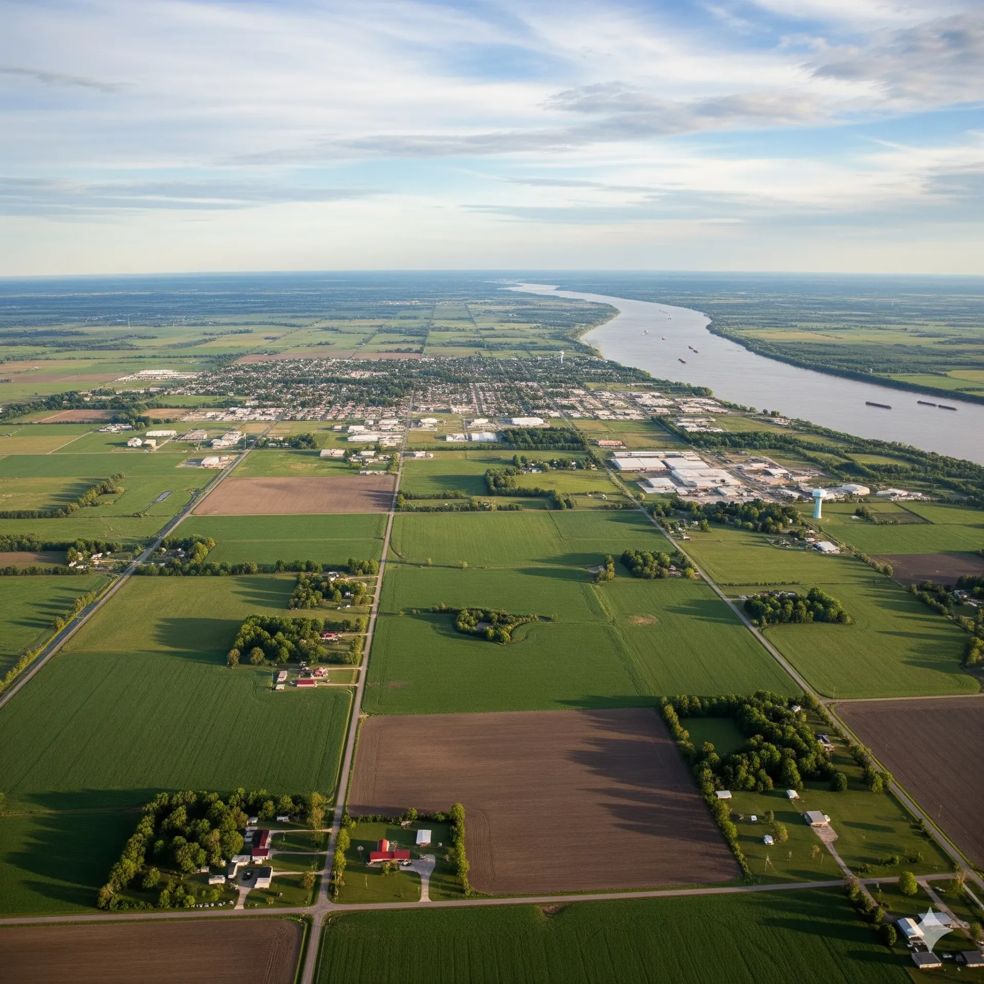 An aerial view of a highway intersection with a city in the background.