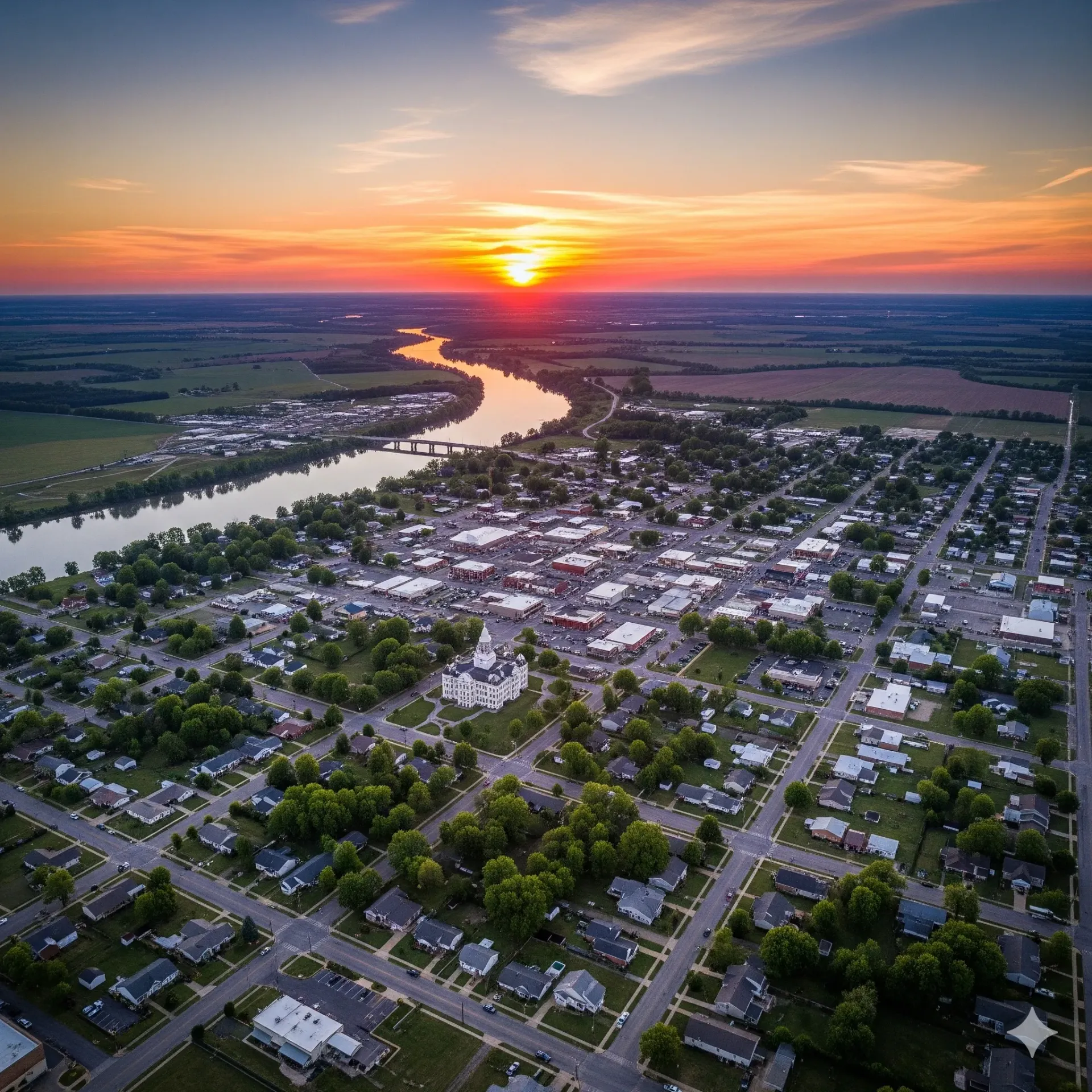 An aerial view of a city with a lake in the background.
