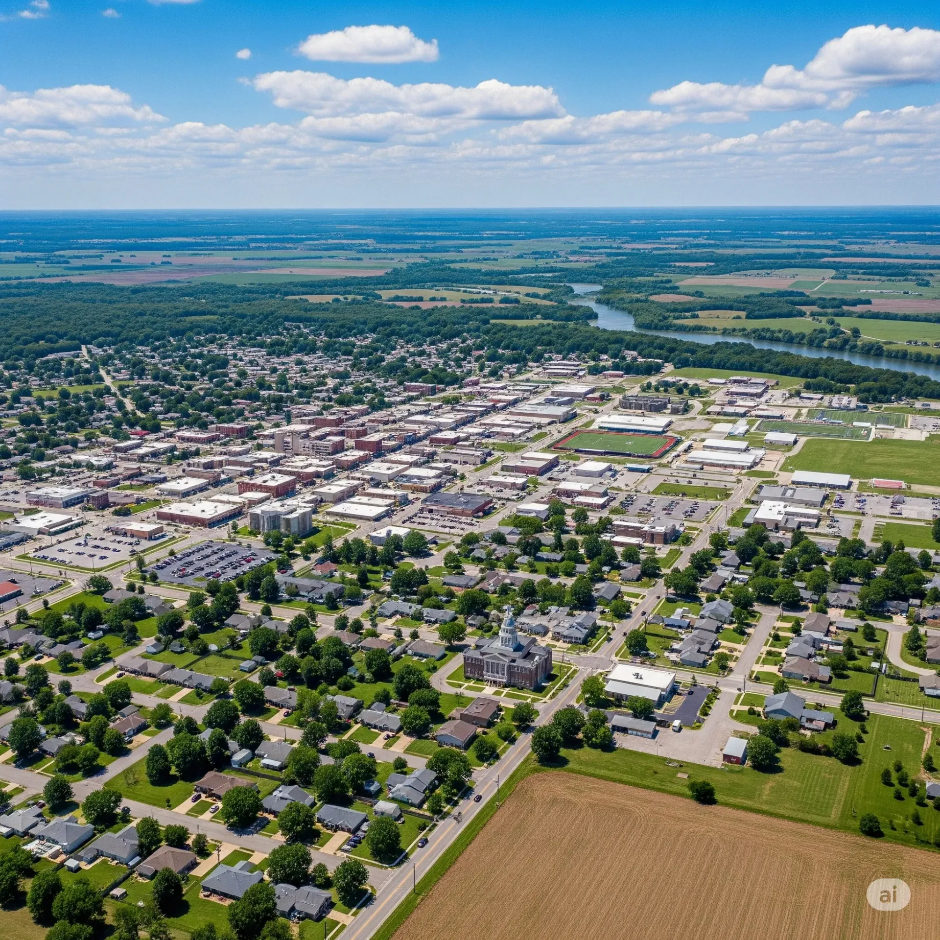 An aerial view of a city with a lake in the background.
