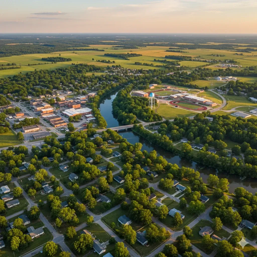 An aerial view of a city with a lake in the background.