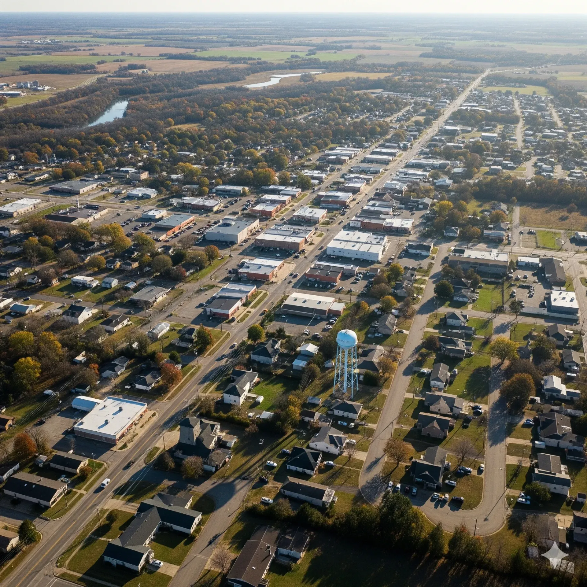 An aerial view of a city with a lake in the background.