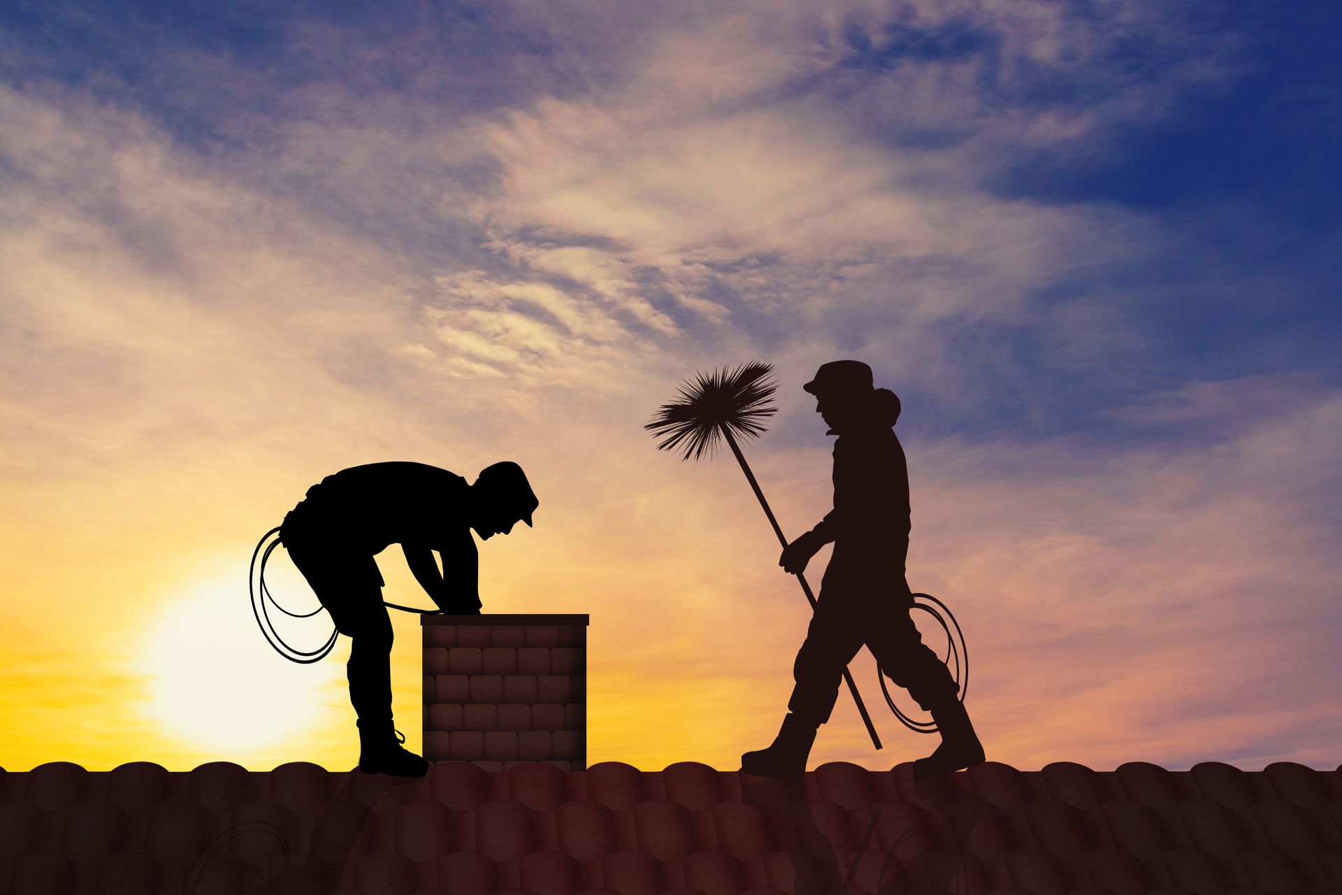 Silhouettes of two chimney sweeps working on rooftop at sunset sky.