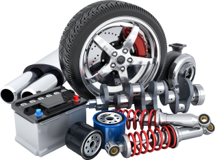 A pile of car parts including a tire , battery , shock absorbers , crankshaft , and other parts. | Longview Auto Repair LLC