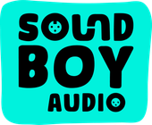 Logo for Sound Boy Audio, black text on a light blue background. Features a stylized face in the O's.