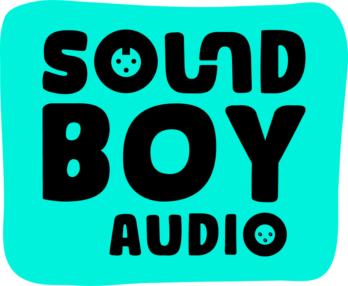 Logo for Sound Boy Audio, black text on a light blue background. Features a stylized face in the O's.