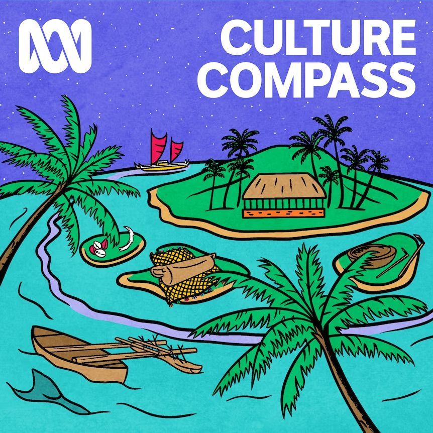 Cartoon illustration of tropical islands, ABC Culture Compass podcast cover.