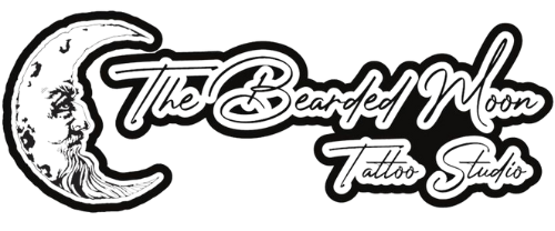 a black and white logo for the bearded moon tattoo studio .