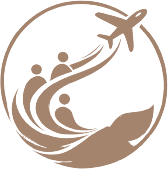 A circular logo featuring stylized figures reaching toward a soaring airplane, depicted in a monochrome tan color scheme.