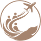 A circular logo featuring stylized figures reaching toward a soaring airplane, depicted in a monochrome tan color scheme.