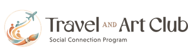 Logo for Travel and Art Club featuring stylized silhouettes of people, an airplane, and a paintbrush in a circle.