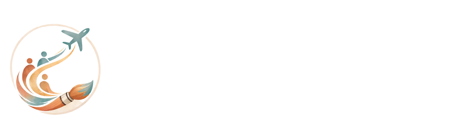 A logo featuring a paintbrush transforming into a swirling path leading to a soaring airplane above silhouetted figures.