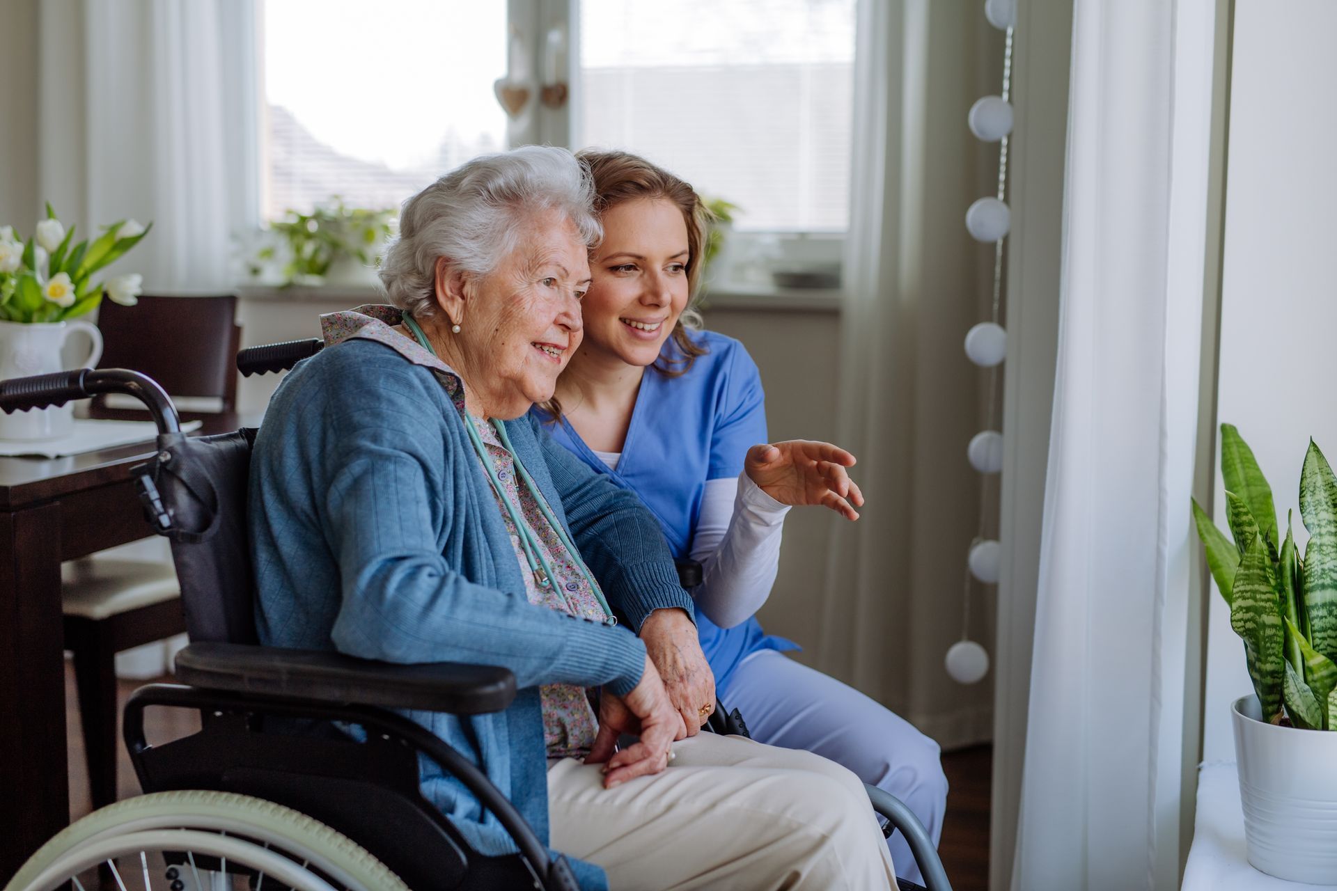 A caregiver and an elderly person in a wheelchair look out a window, smiling.