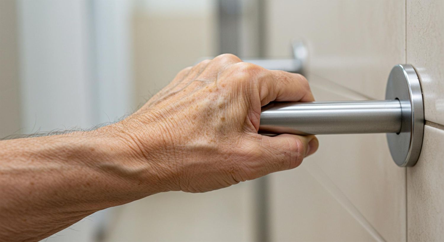 Hand gripping a silver door handle, opening a light-colored door.