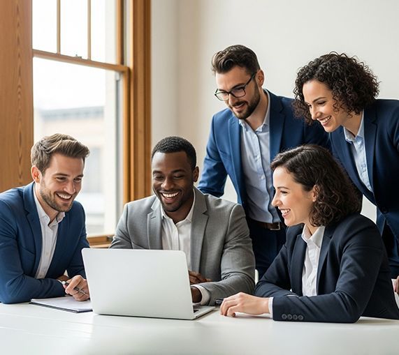 Five coworkers gathered around a laptop in a bright office, smiling and collaborating.