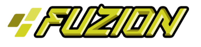 The Fuzion logo is a yellow wordmark with a black outline, and a stylized 