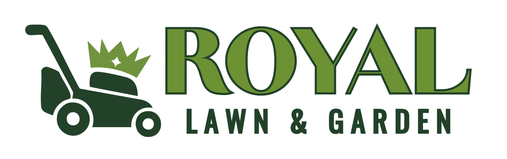 Logo for Royal Lawn & Garden, featuring a lawnmower, leaves, and text in green.