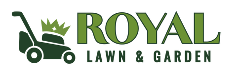 Logo for Royal Lawn & Garden, featuring a lawnmower, leaves, and text in green.