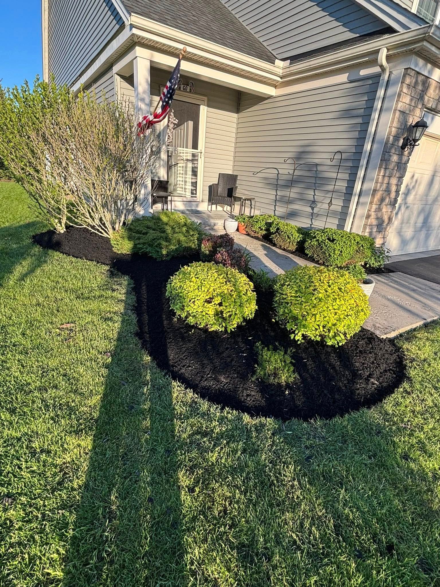 Lush green lawn with a flower bed of green bushes mulched in black in front of a house.