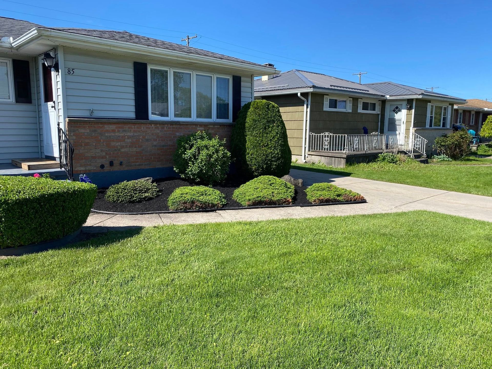 Houses with green lawns and trimmed bushes under a clear, blue sky.