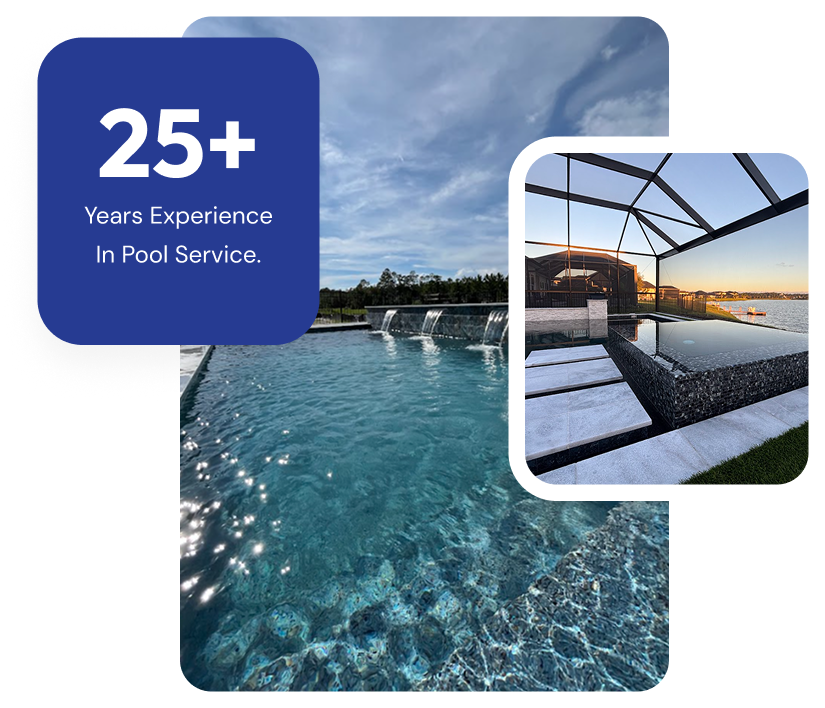 Pool with waterfall, 25+ years experience badge, and a pool view.