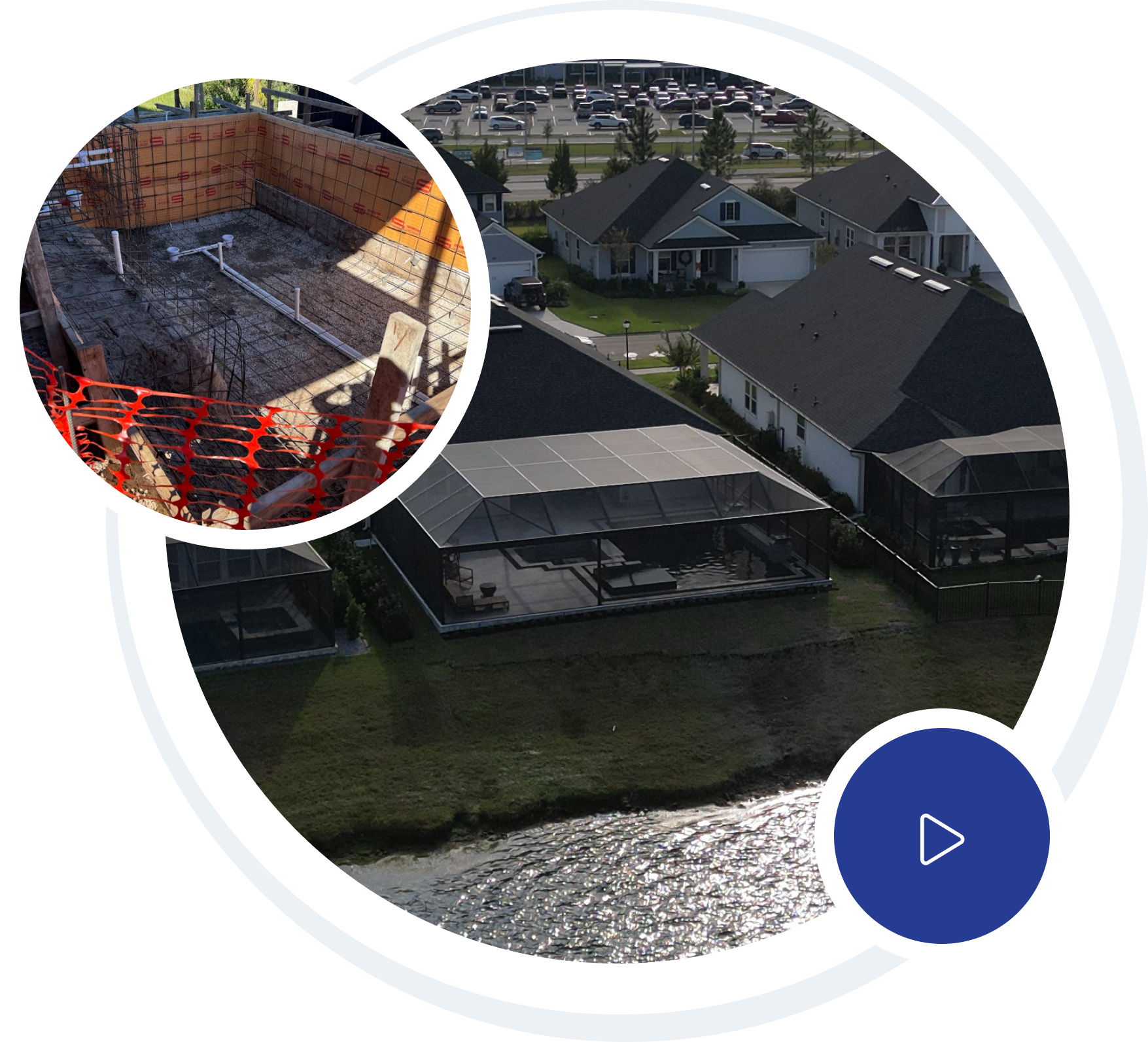 Luxury home with pool; white exterior, balconies, fountains, and fire pit on a sunny day.