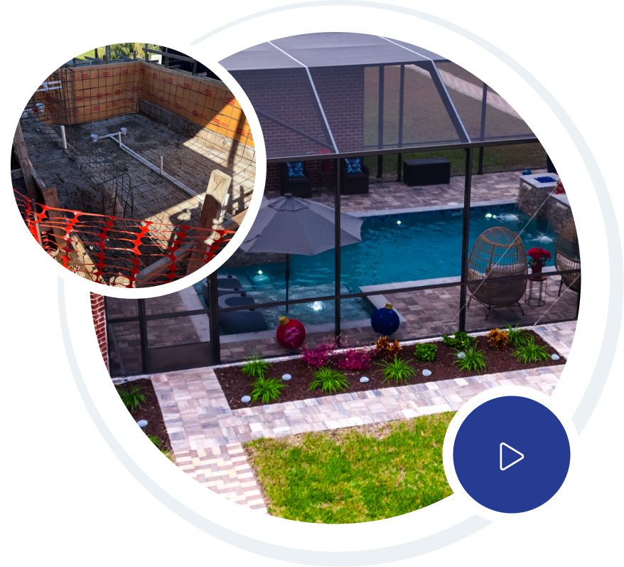 Luxury home with pool; white exterior, balconies, fountains, and fire pit on a sunny day.