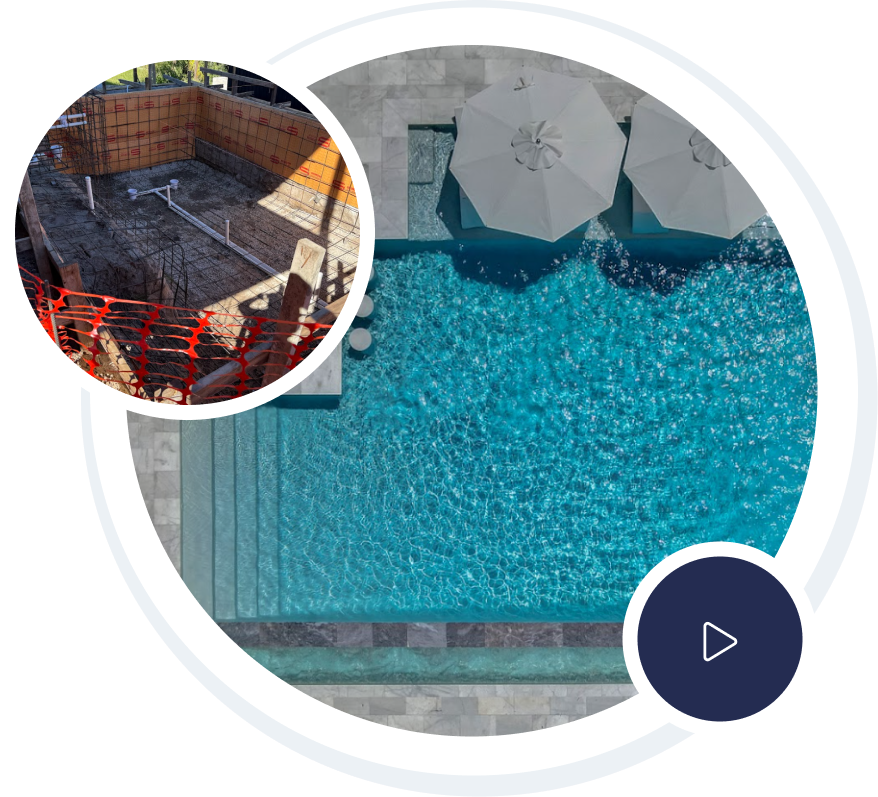 Luxury home with pool; white exterior, balconies, fountains, and fire pit on a sunny day.