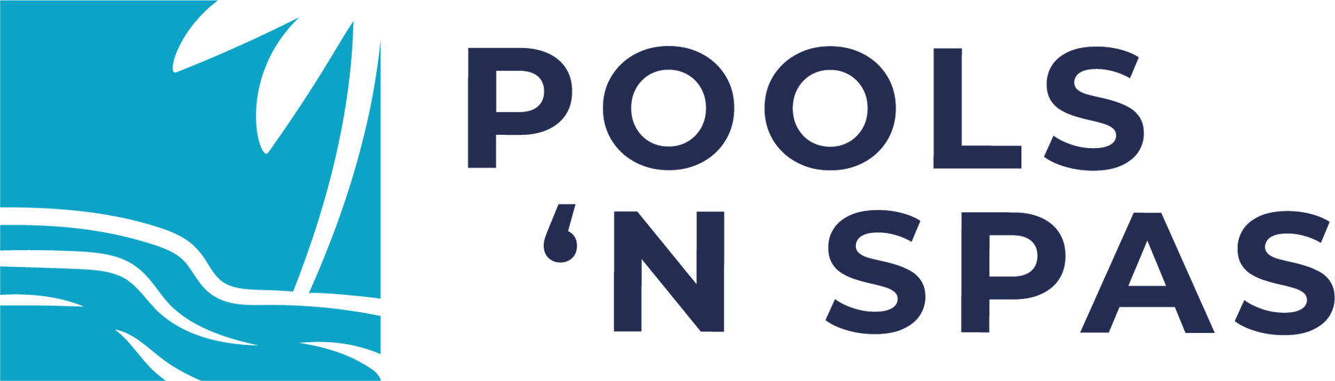 Logo for Pools 'N Spas, a pool builder since 1988, in blue with a palm tree graphic.