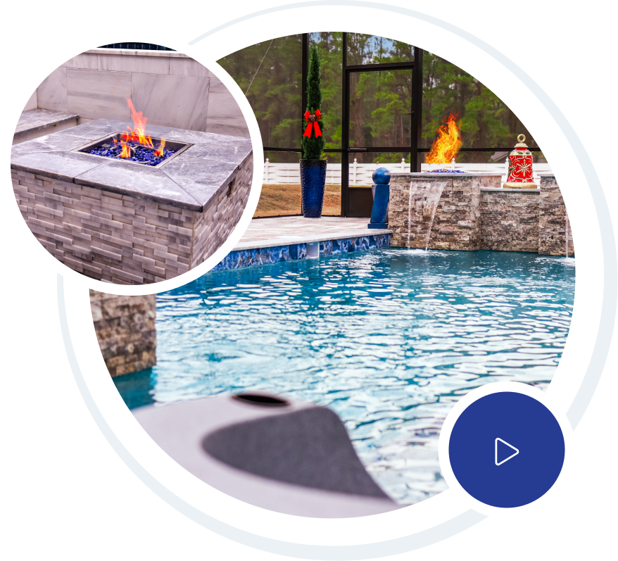Poolside view of a white building with umbrellas and lounge chairs, and a smaller inset of the pool.