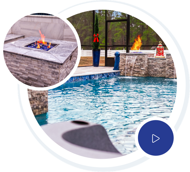 Poolside view of a white building with umbrellas and lounge chairs, and a smaller inset of the pool.