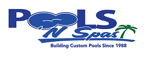 Logo for Pools 'N Spas, a pool builder since 1988, with palm tree graphic and blue and white text.