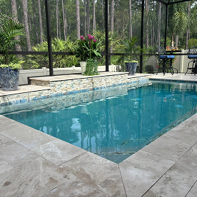 Swimming pool with blue water and stone deck. Tropical plants and screened enclosure in the background.