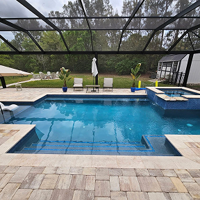 Swimming pool with attached jacuzzi under a screened enclosure. Paved patio with chairs, umbrella, and lush green background.