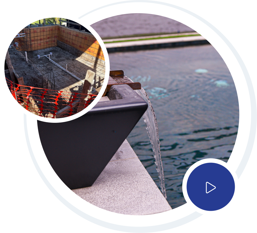 Luxury home with pool; white exterior, balconies, fountains, and fire pit on a sunny day.