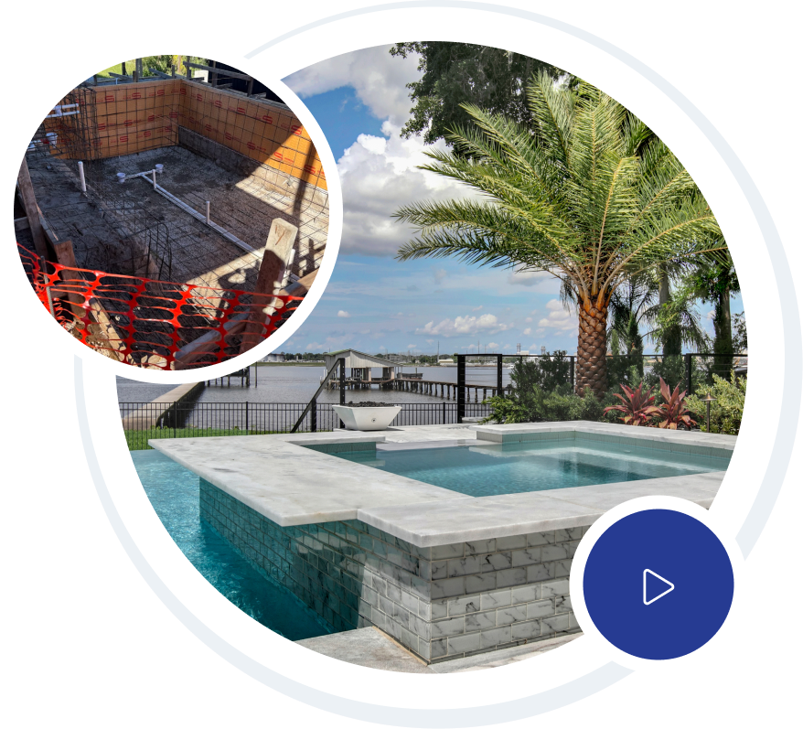 Luxury home with pool; white exterior, balconies, fountains, and fire pit on a sunny day.